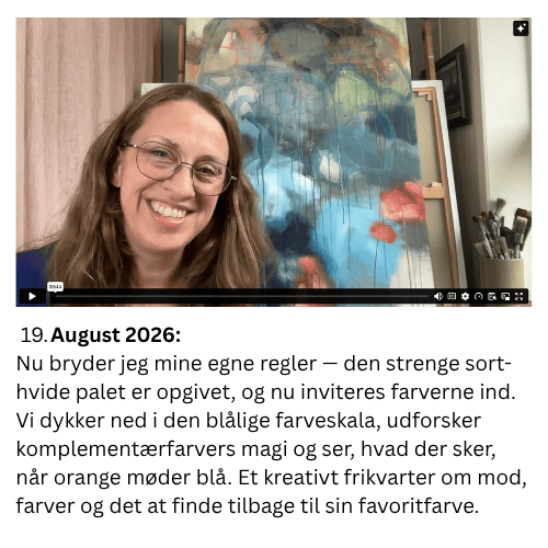 Nu bryder jeg mine egne regler &mdash; den strenge sort-hvide palet er opgivet, og nu inviteres farverne ind. Vi dykker ned i den bl&aring;lige farveskala, udforsker komplement&aelig;rfarvers magi og ser, hvad der sker, n&aring;r orange m&oslash;der bl&aring;. Et kreativt frikvarter om mod, farver og det at finde tilbage til sin favoritfarve.